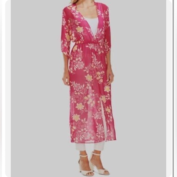 New Vince Camuto Boho Women's Pink Floral Chiffon Cardigan Duster - Picture 1 of 9